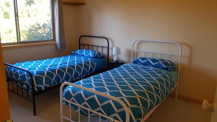 dormitorio , con 2 camas de una plaza y una manta eléctrica, esta habitación da al patio trasero.