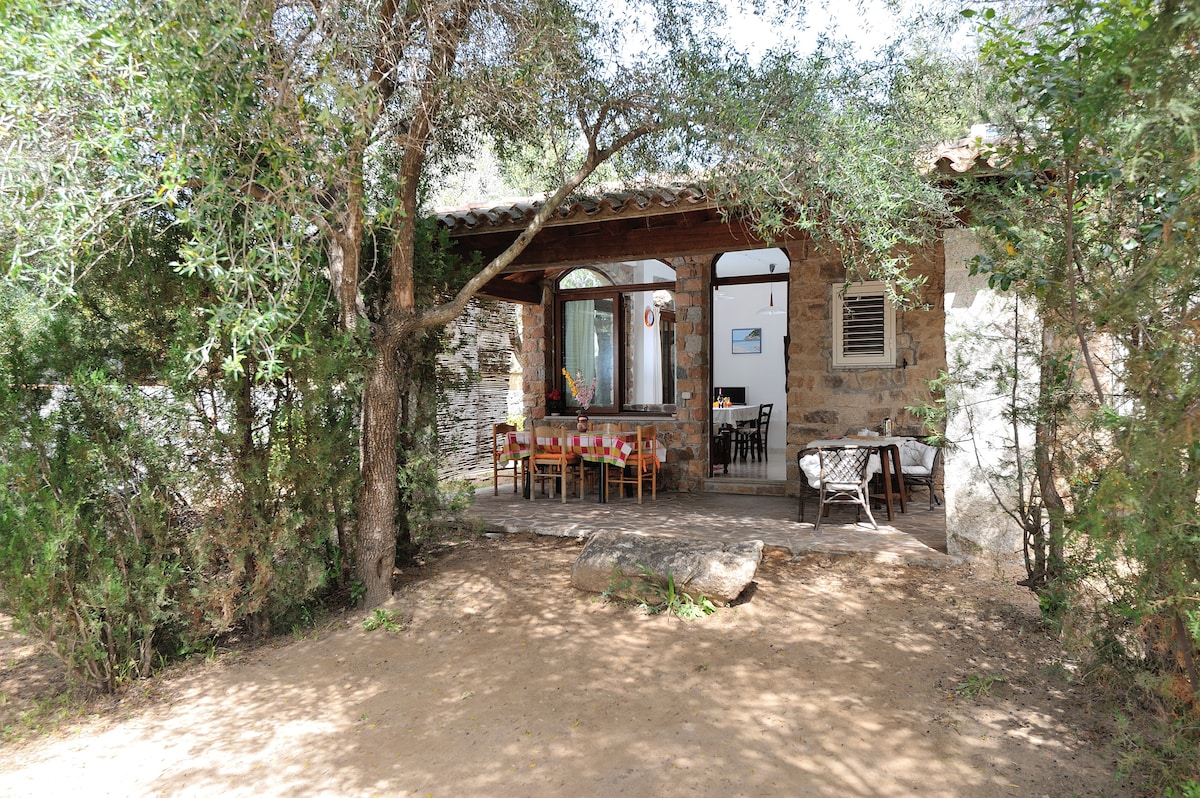A welcoming exterior view of the villa is framed by lush greenery. The covered patio features a dining table surrounded by chairs, providing a serene setting for outdoor meals. A cozy seating area is also visible, enhancing the inviting atmosphere of the space.