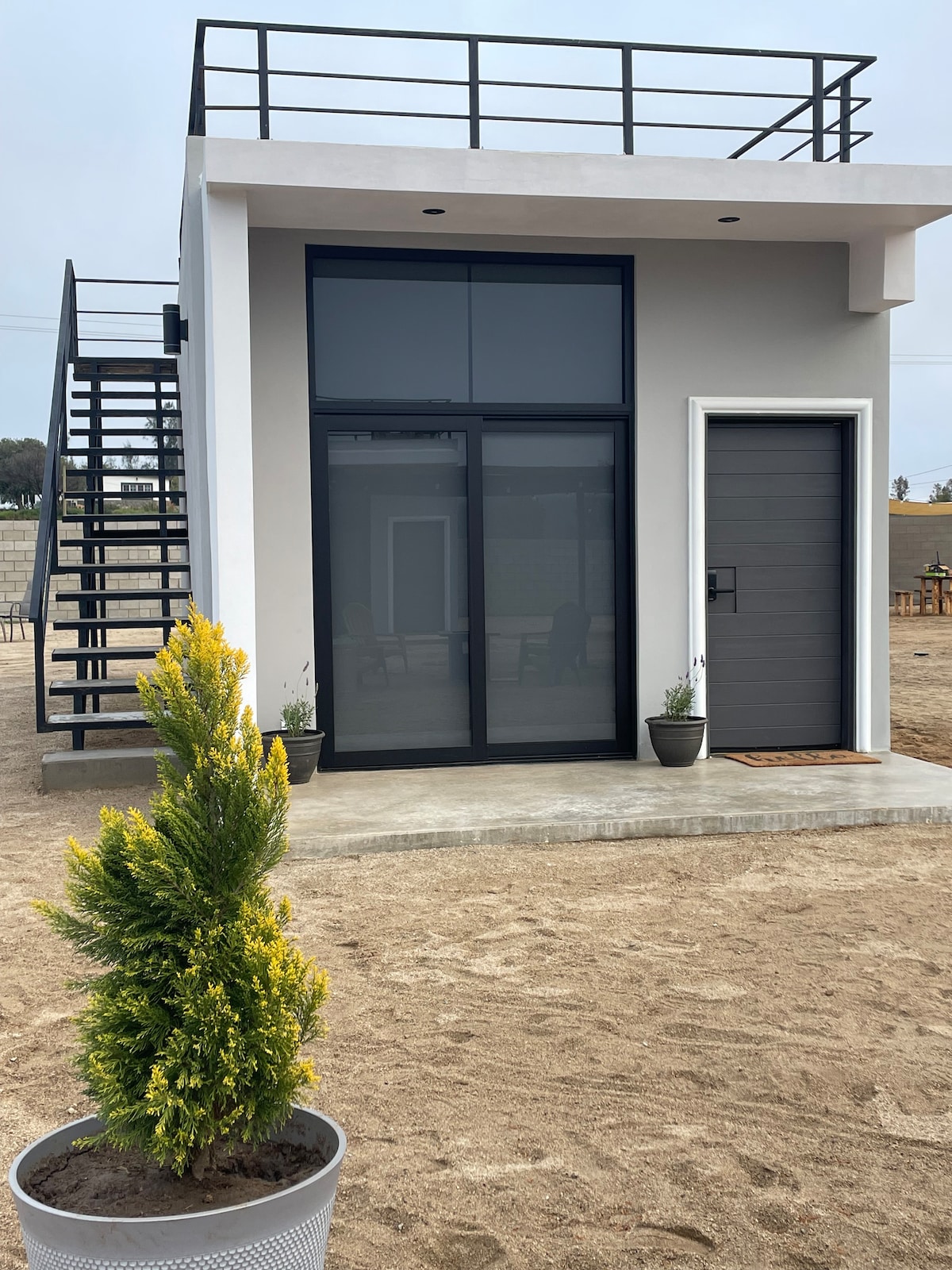 A modern exterior features large glass doors inviting natural light into the space. A staircase leads to a rooftop area, while planters with greenery add a touch of nature. The entrance includes a sleek door, enhancing the contemporary design.