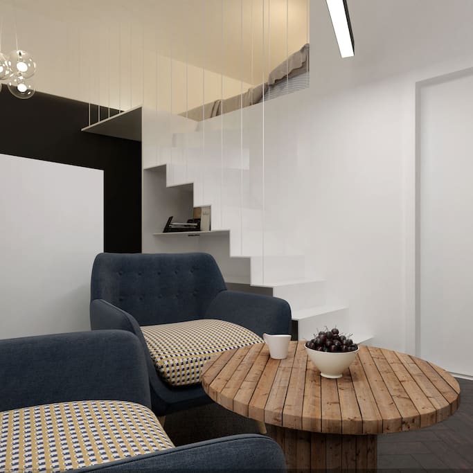 Living area and the stairs to the entresole
***Please note that pictures attached are visualisations as I am just finished a full refurbishment of the apartment***