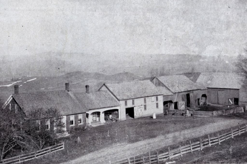 Historic photo of how the farmhouse looked in 1850 when Route 100 was just a dirt road and the Reservoir didn't exist yet.
