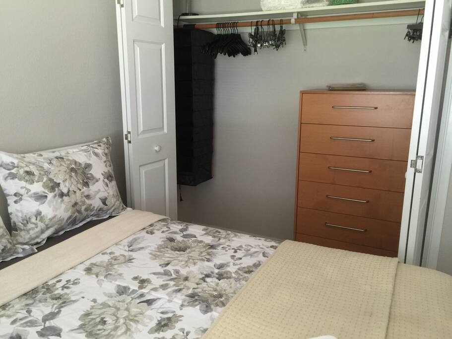 Dresser, wooden hangers, laundry bag!