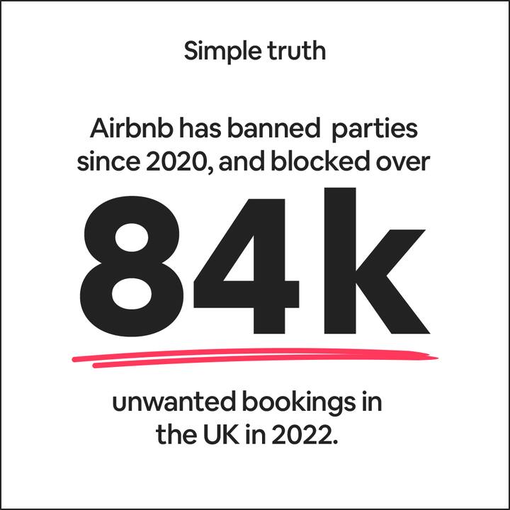 Airbnb has banned parties since 2020, and blocked over 84k unwanted bookings in the UK in 2022
