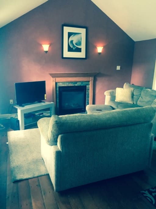 modern living room with gas fireplace and 42" flat screen "smart" tv
