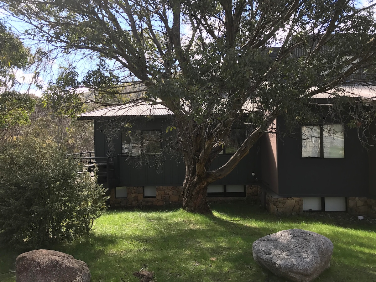 The exterior of the townhouse is surrounded by a green lawn, featuring large boulders and a mature tree casting shade. The building is constructed with a mix of dark and light materials, offering a blend of modern design and natural elements. Windows provide a glimpse of the interior.