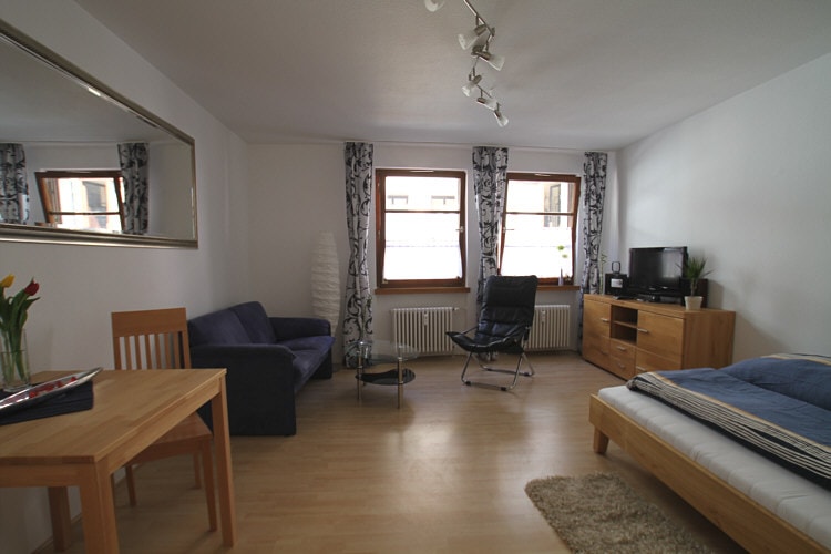 A bright, spacious living area features two large windows dressed with patterned curtains. A comfortable couch and a stylish chair are positioned around a wooden table, creating an inviting space. A simple bed and a TV unit can be seen, enhancing the room's practical layout.