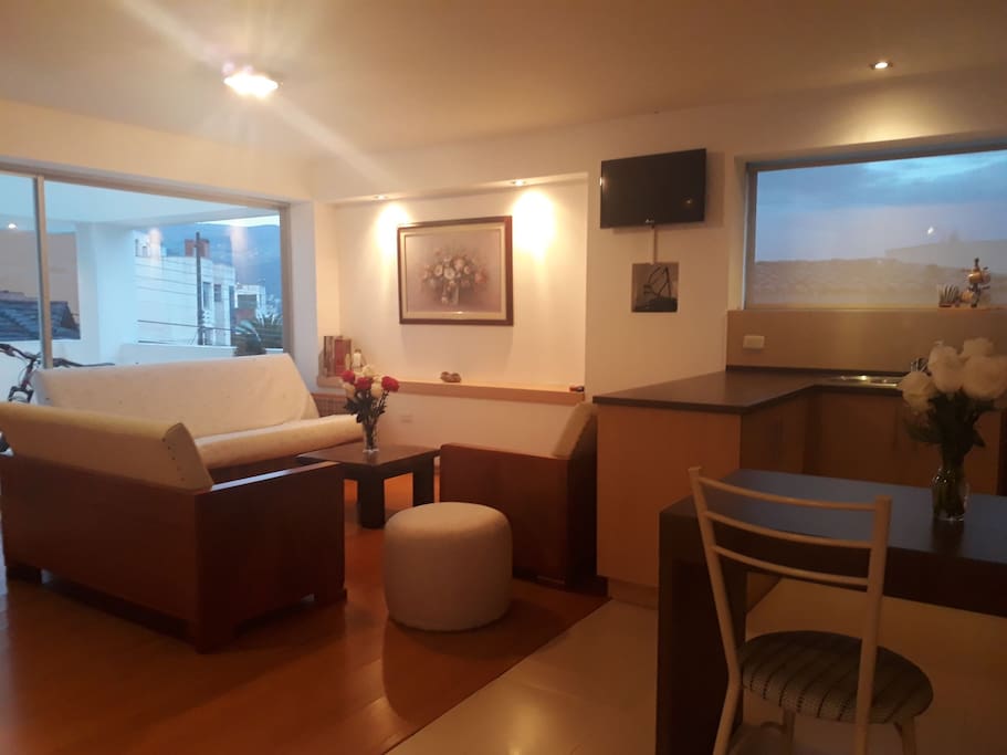 Sala principal con salida al balcon tiene uan hermosa vista al volcán Cayambe
