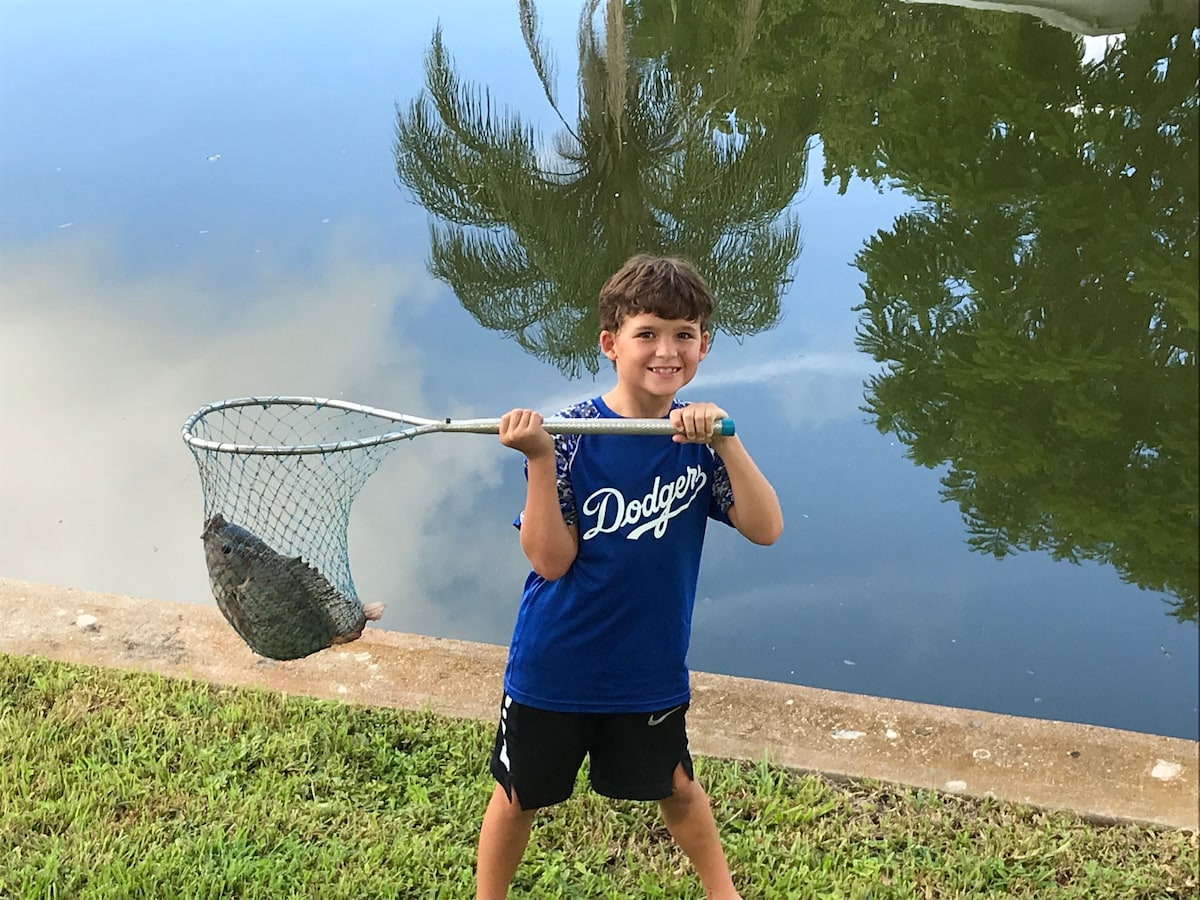 A child stands on a grassy bank by the water, holding a fishing net with a catch inside. Behind, the calm water reflects surrounding palm trees, creating a serene backdrop. The muted sky above hints at a pleasant day.