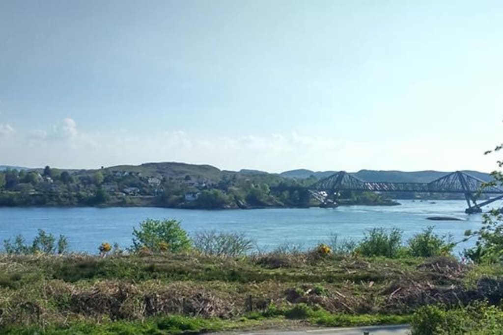 View from the balcony doors of Loch Etive and Connel Bridge