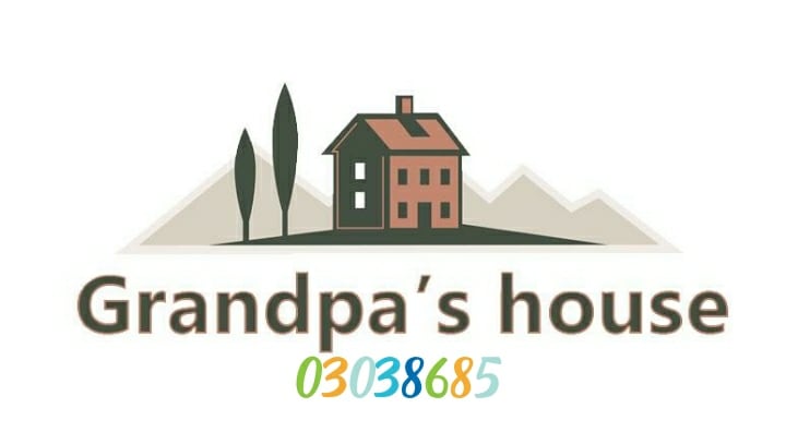 The logo for Grandpa's House features a stylized image of a two-story home, flanked by two tall trees. Soft mountains are sketched in the background, and the name is presented in an inviting font, complemented by a colorful numeric sequence beneath.