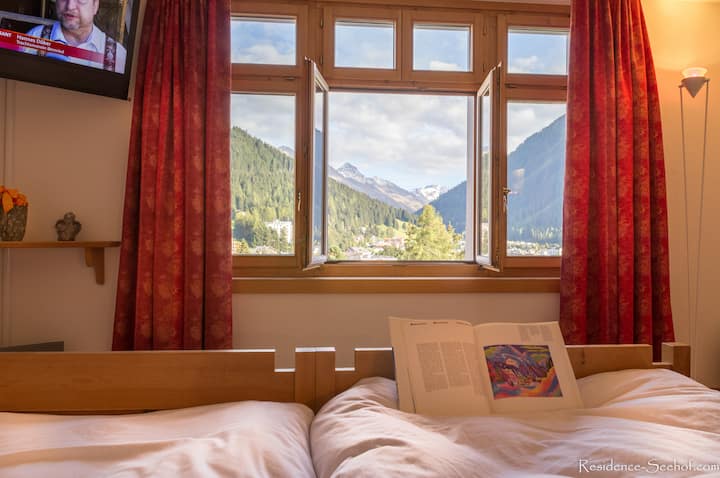 maybe your firstview when you wake up in the morning, pine blue sky, pine tree mountains and glacier