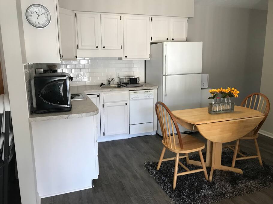 Private kitchen furnished for basic meal prep.