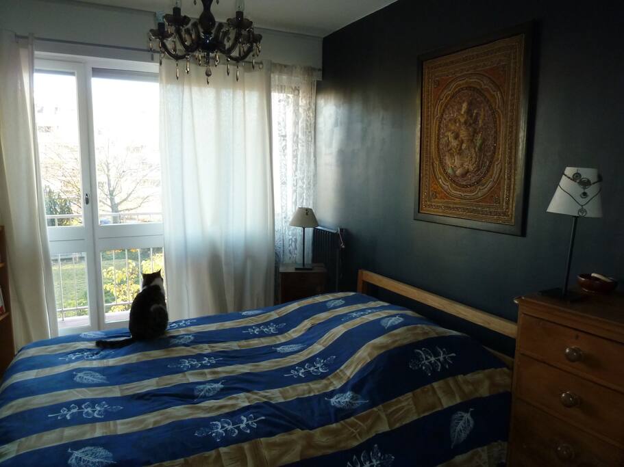 une chambre avec grand lit double très confortable (chat non inclus)