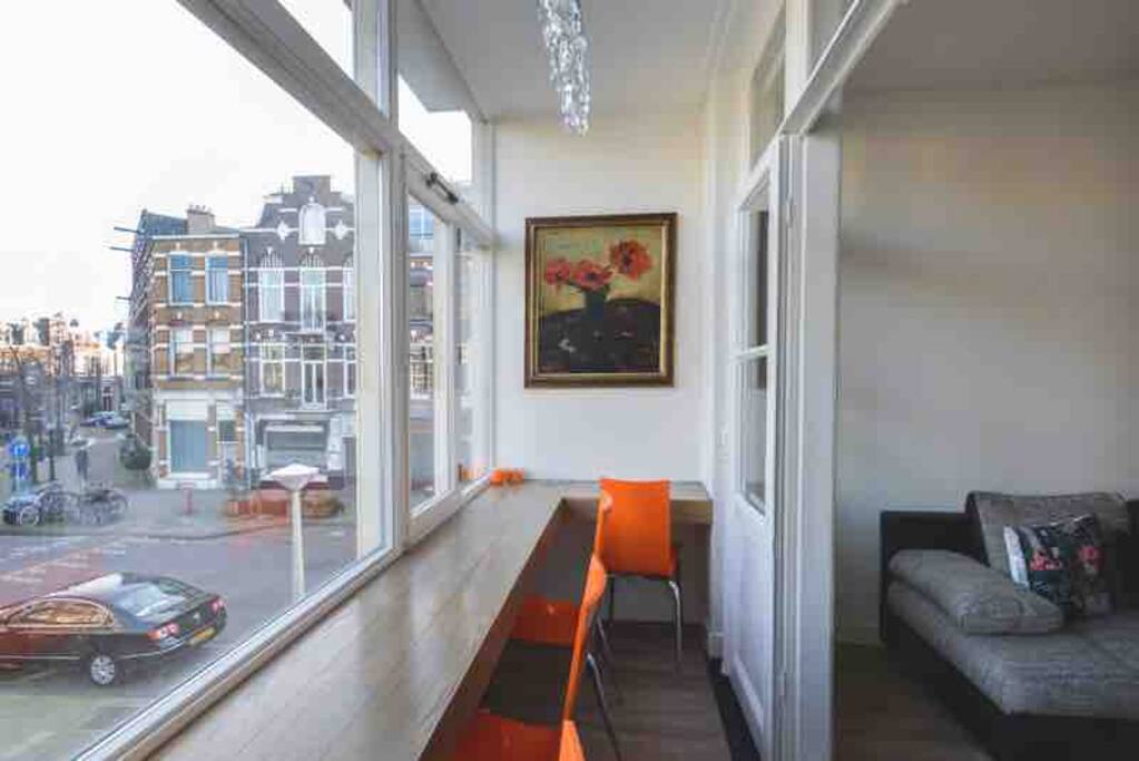 Just sit, eat or work with a great view of the square with fountain.