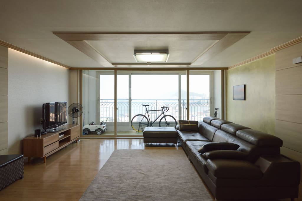 Living room with bridge and. Each view