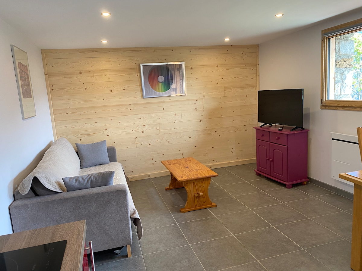 A spacious living area is complemented by a light wood-paneled wall. A comfortable gray sofa and a wooden coffee table are featured, along with a pink cabinet that houses a television. Natural light filters in through the window, enhancing the inviting atmosphere.