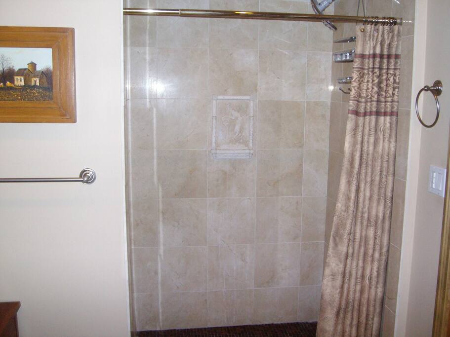 Large marble bathroom with shower off bedroom