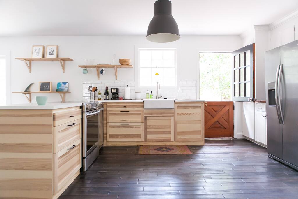kitchen with door to backyard