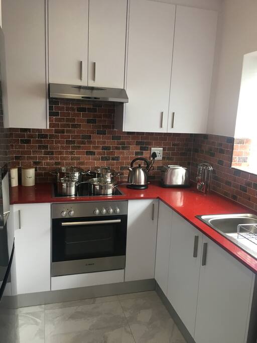 Pots, pans, and basic kitchen utensils and appliances included.
