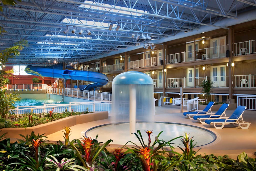 Indoor waterpark; hot tub, wave pool, slide & kiddy pool. Only $5.00 per room per night access fee!