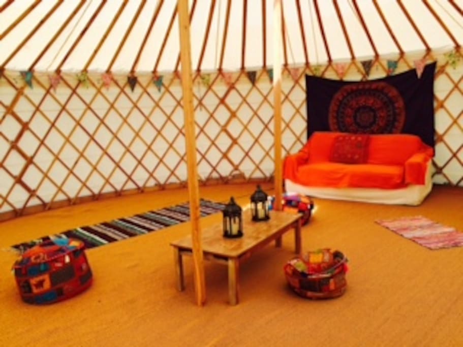 Inside one of the yurts