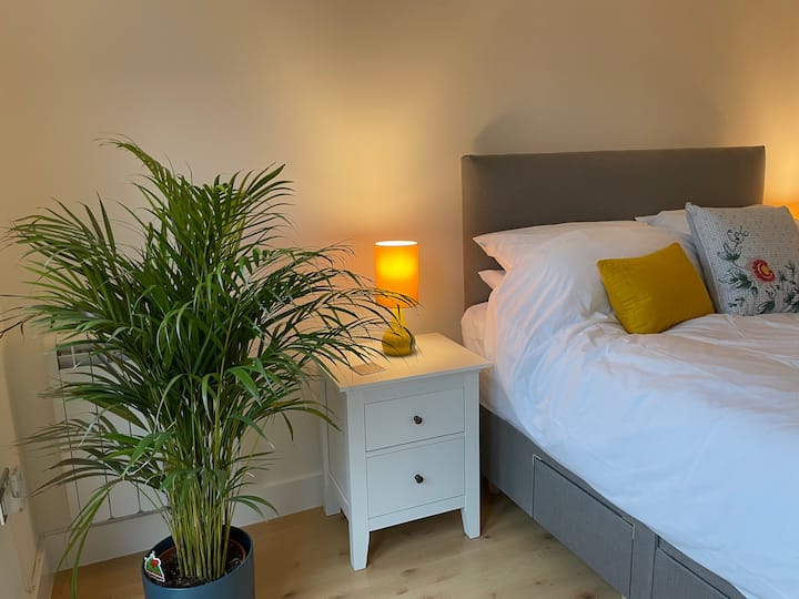 Nyuma inakabiliwa na chumba cha kulala na kitanda cha mfalme.