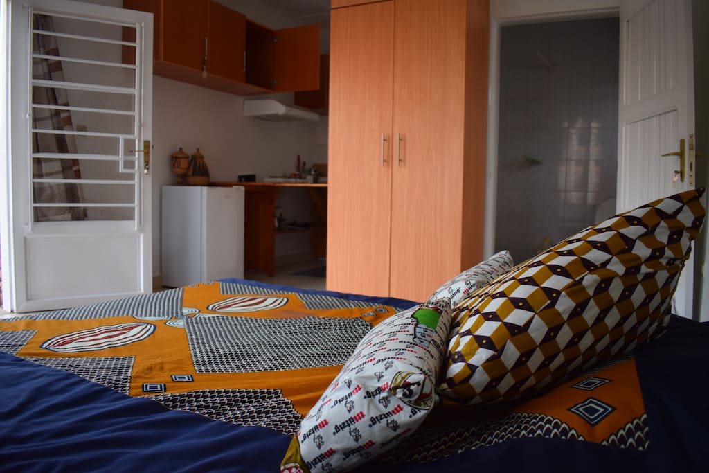 Kitchenette to the left and full bath through the door on the right