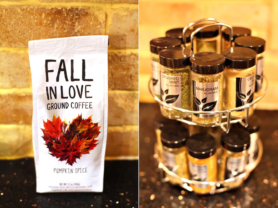 Some of our kitchen amenities! We always try to get some fun new coffee & teas for the season.