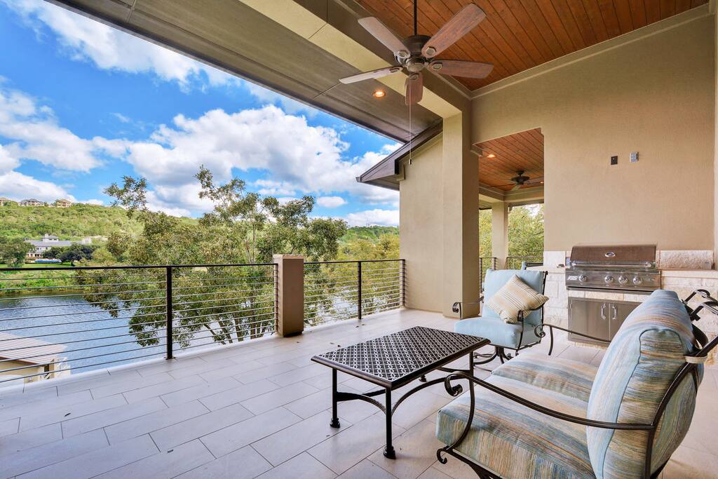 Grill dinner on the outdoor BBQ surrounded by loungers