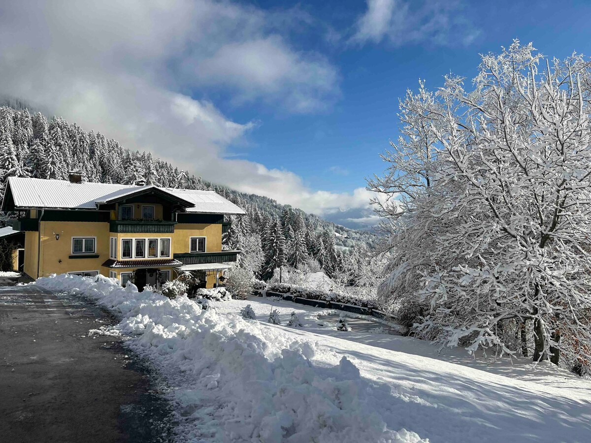 A charming yellow building is set against a backdrop of snow-covered trees and a clear blue sky. The surrounding landscape features a blanket of fresh snow, with a winding path leading towards the entrance. The peaceful scene highlights the winter season.
