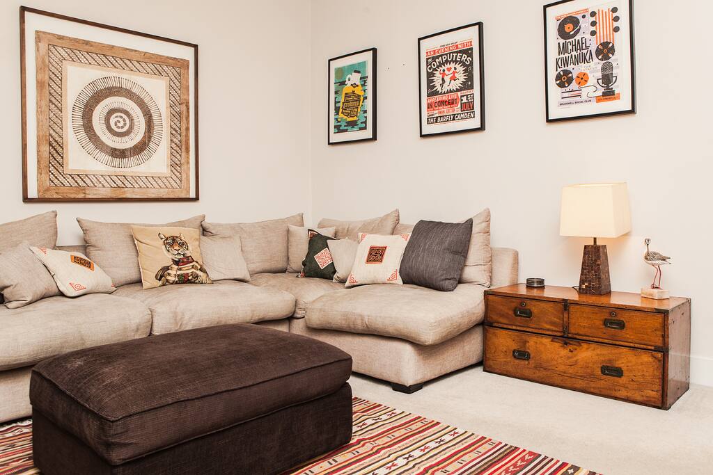Sitting room with big, comfy sofa.