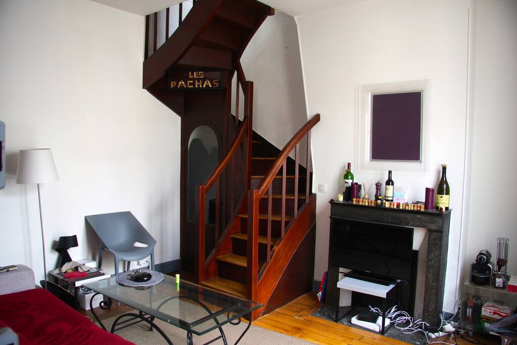 Salon, table basse, télévision, canapé/lit.