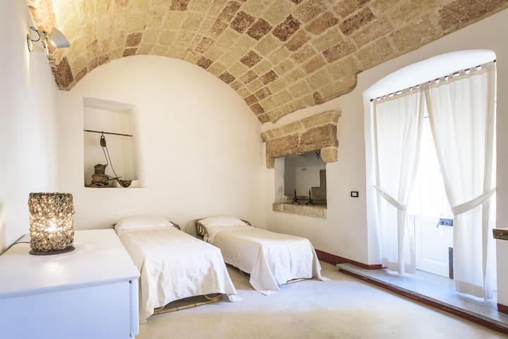 Პირველი სართულის თაღოვანი მისაღები ოთახი ორი ერთადგილიანი საწოლით