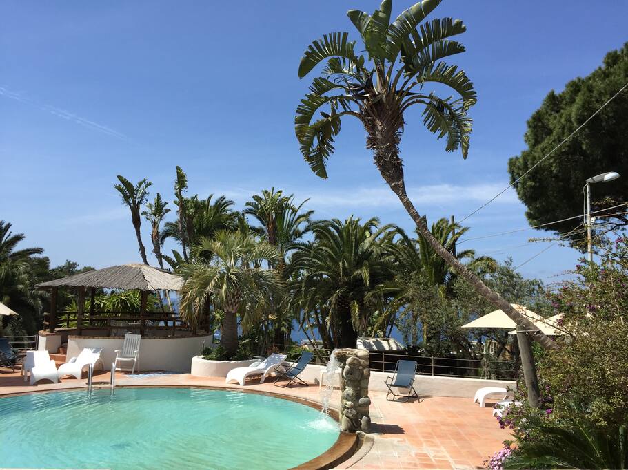 Piscina naturale con solarium, ombrelli e sdraio