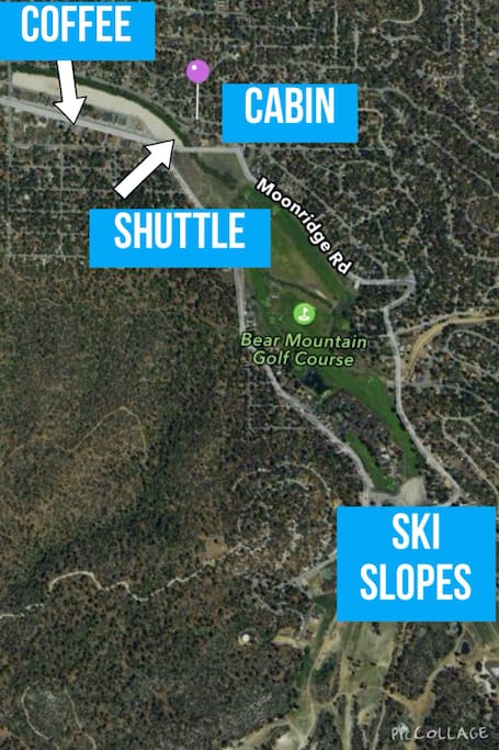 Bear mountain is right there and snow summit is only about mile away. Very easy to get around! Moonridge coffee is a great location to get some good coffee and a croissant sandwich breakfast. Also the zoo! Is very very close and a lot of fun to see:)