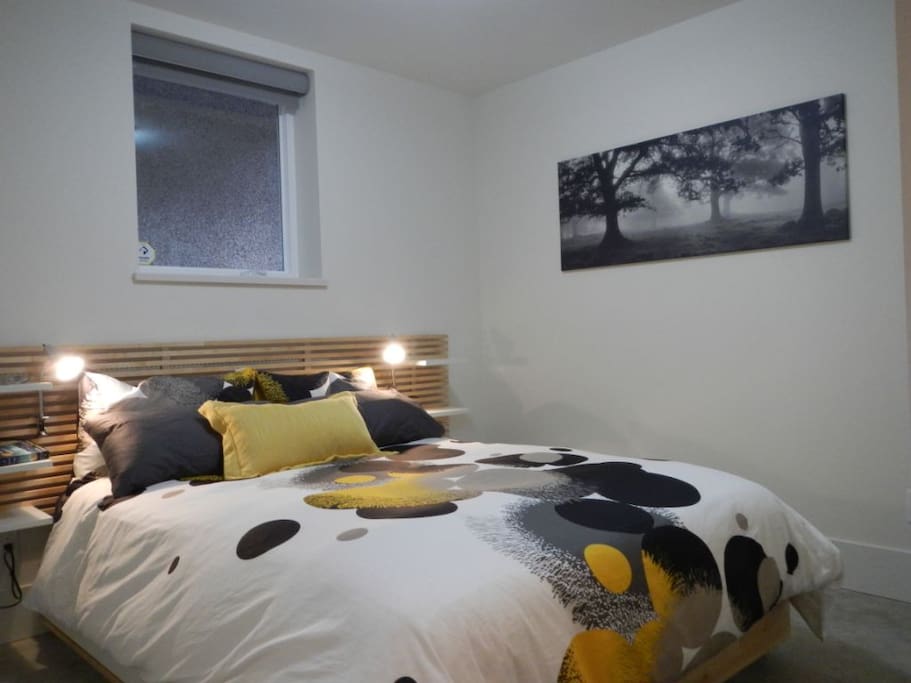 Bedroom with a queen size bed, closet and storage under the bed.