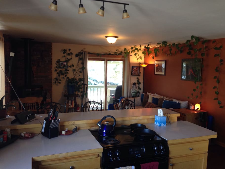 Open kitchen layout, balcony w/ view out to soccer field.