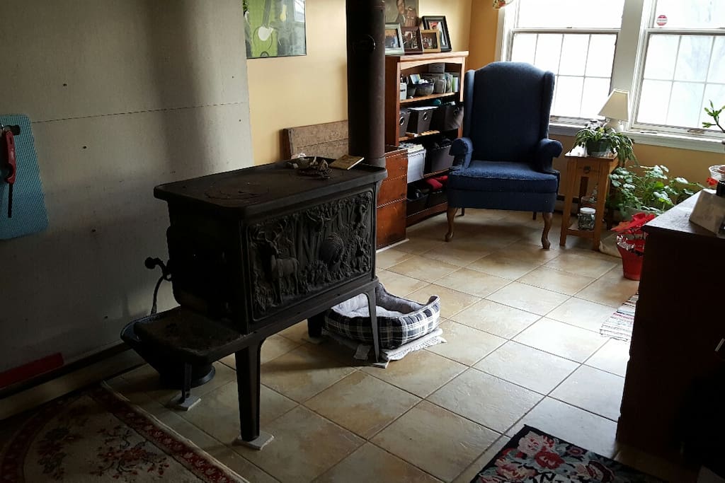 Woodstove and reading area