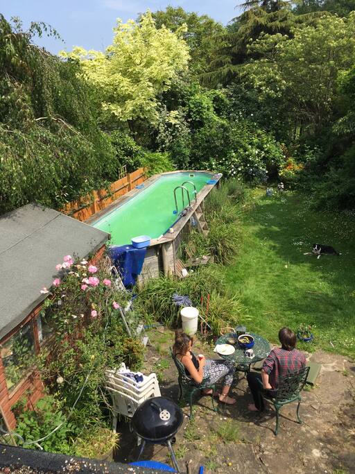 our heated above ground swimming pool perfect for laps, 7 ft wide but 27 ft long
