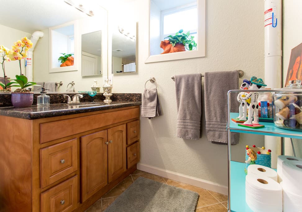 Full bath with fluffy towels.
