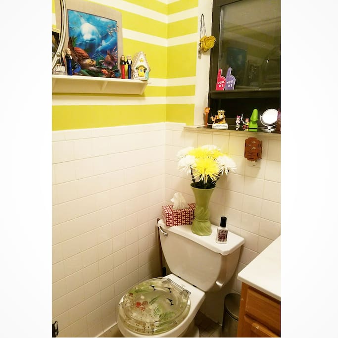 The bathroom is small but very kitschy cute!