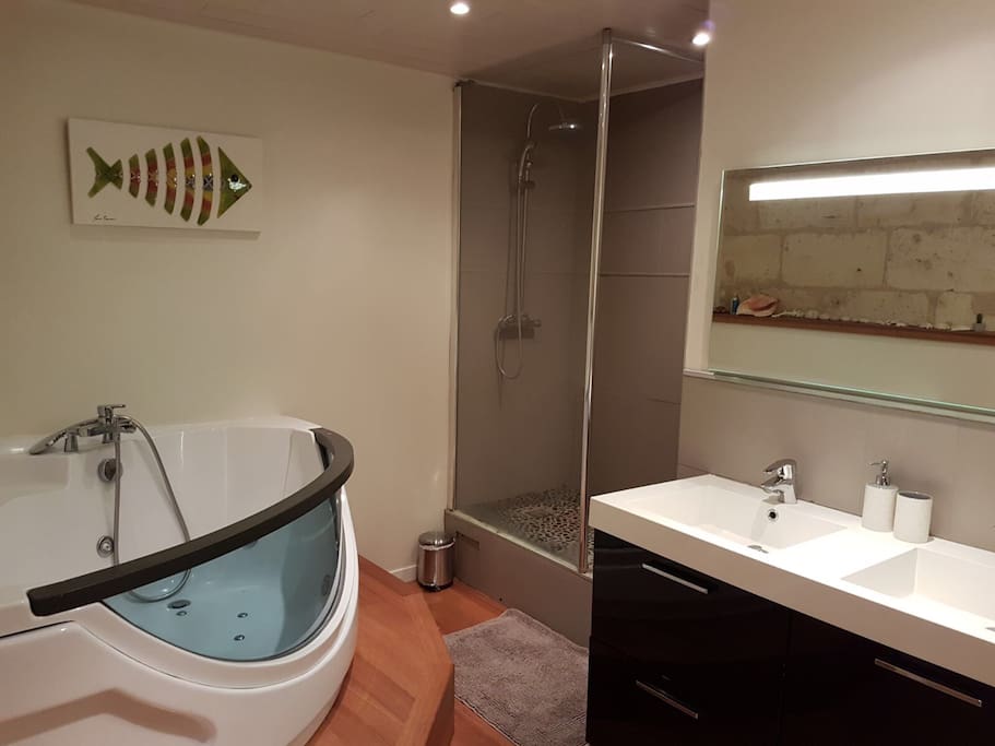 Salle de bain et douche située en des de jardin à côté de la chambre 1
