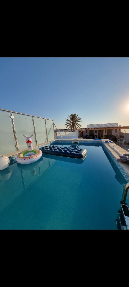 A rooftop swimming pool is featured, showcasing clear blue water under a bright sky. Floatation devices, including a colorful inflatable unicorn and a checkered mat, are positioned on the surface. A palm tree is visible in the background, framing the serene environment.