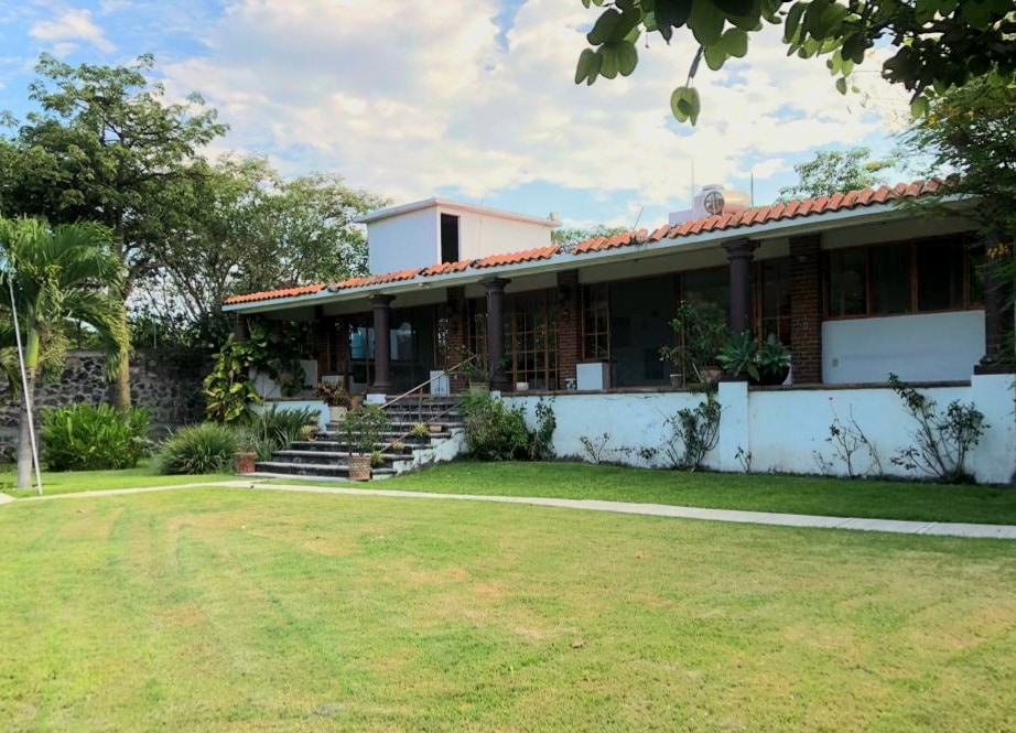 A single-story house is set among lush greenery, featuring a terracotta tiled roof. The entrance is flanked by stone steps leading to a wide patio. Surrounding areas are characterized by various trees and plants, creating a serene environment.