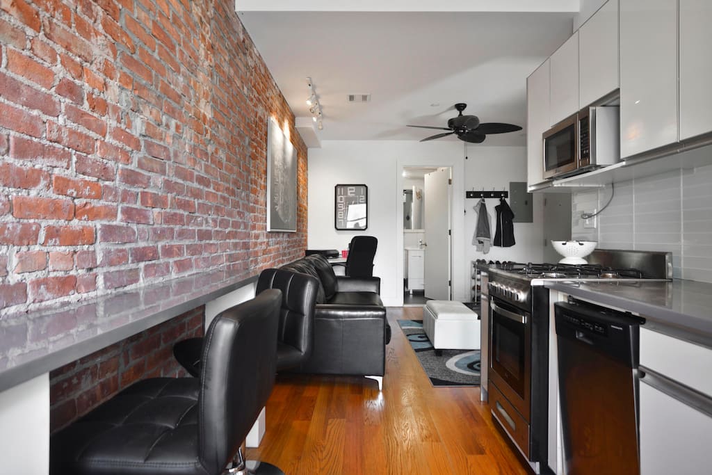 Living room, kitchen.