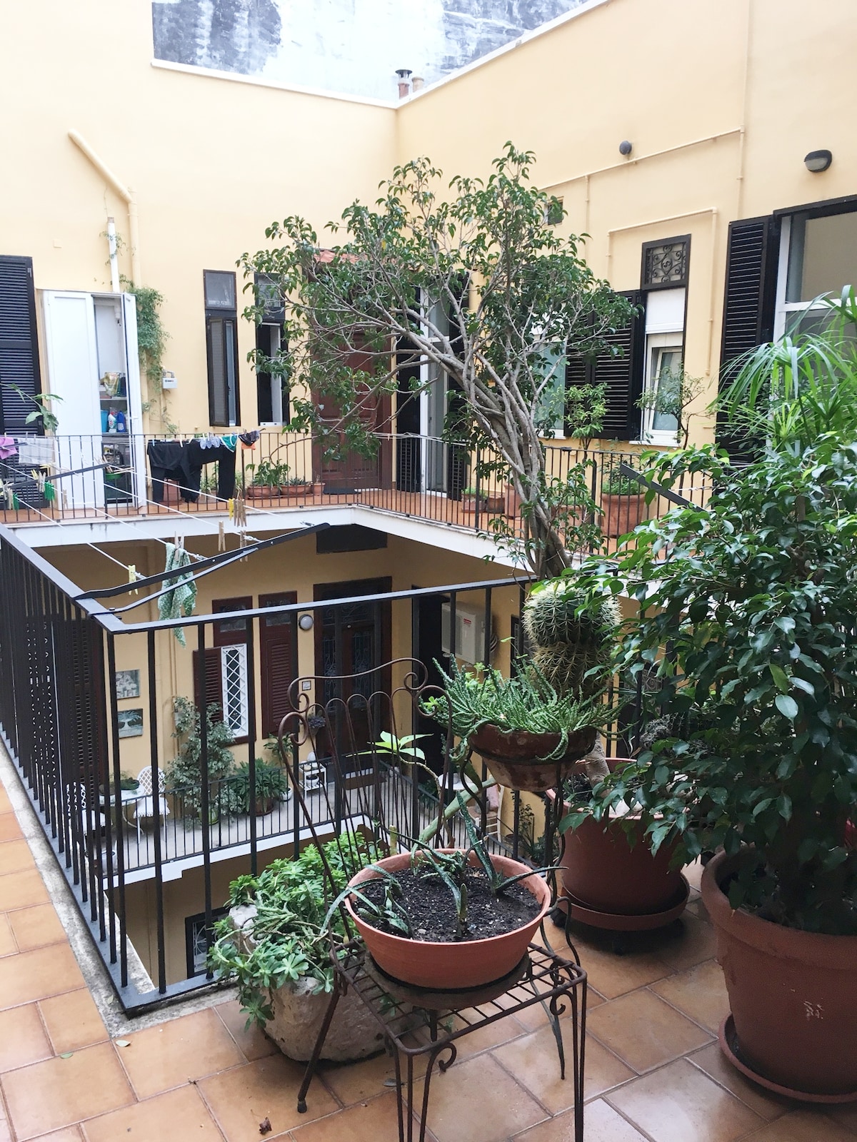 An inner courtyard is framed by yellow walls, filled with greenery and potted plants. A multi-level structure is visible, with several doors opening onto the space. The area is enhanced by a railing that adds depth to the serene garden-like atmosphere.