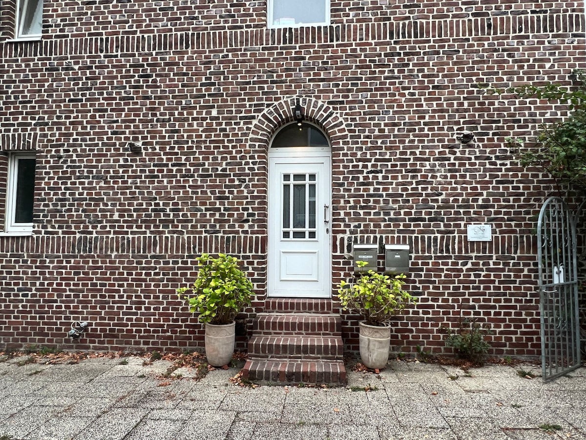 A brick facade features a decorative entrance framed by a rounded arch. Flanking the white front door, two planters with green foliage add a touch of freshness. A neat stairway leads to the door, complemented by a paved pathway.