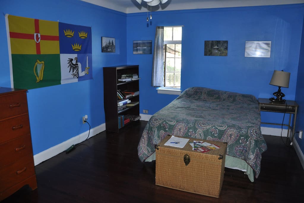 The Blue Room, showing the full-sized bed and furnishings.