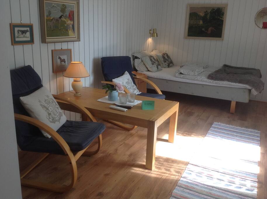 Enkel stue med dobbeltseng, med mulighet for å sette inn flere senger enten i stue eller stor gang. Eget lite kjøkken med kjøleskap og koketopp innenfor.