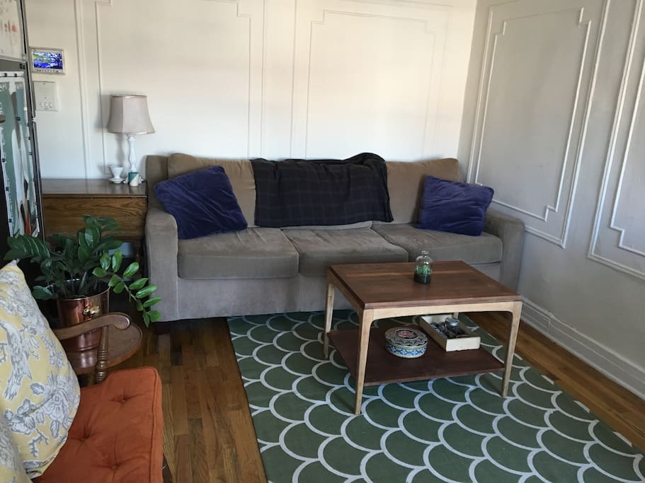 Living room with a comfy couch to stay in and watch TV.